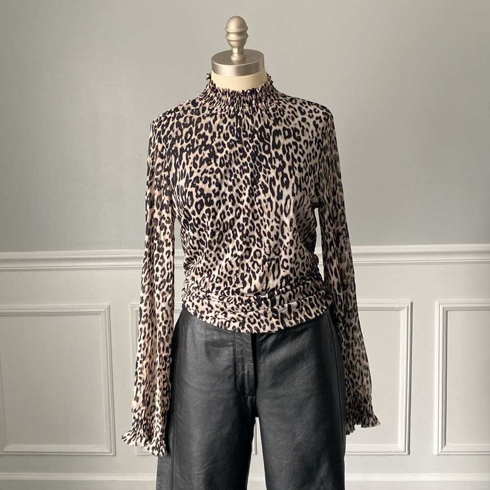 Neiman Marcus Ruffle Mesh Leopard Print Turtleneck